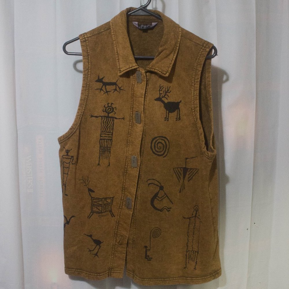 Vintage 90's BFOFO Womens M Brown Tribal Art Aztec Petroglyphs Vest